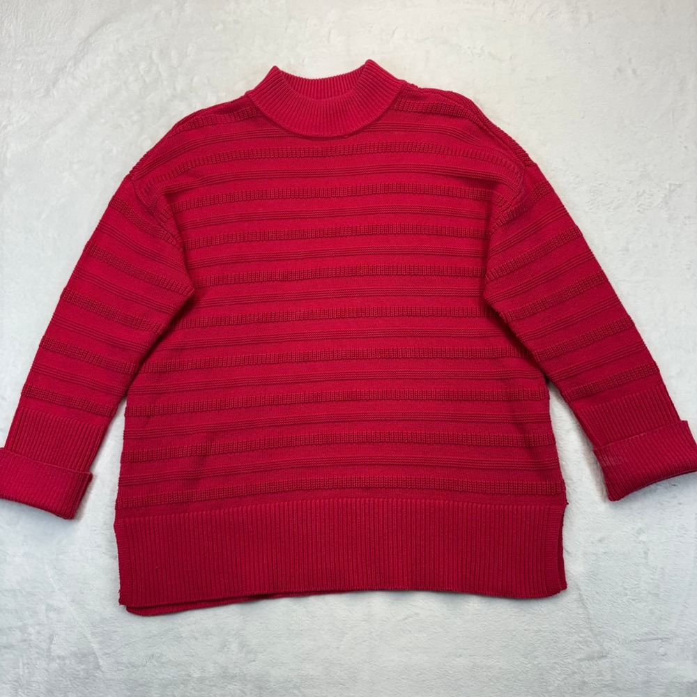 LOFT Red Mock Neck Ribbed Knit Sweater Medium Relaxed Fit Pullover Cotton Blend